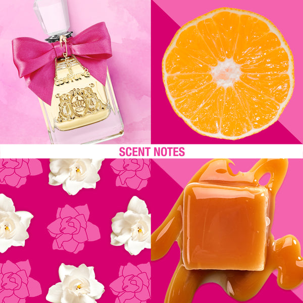 Displays the 'juicy' branded Viva La Juicy EDP 100ml bottle featuring the scent notes 