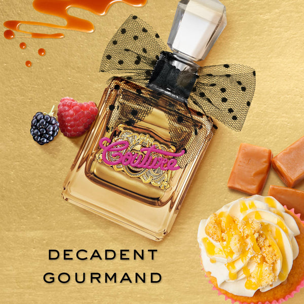 Displays the 'Juicy' branded Viva La Juicy Gold couture EDP 100ml bottle featuring the decadent Gourmand scent note 