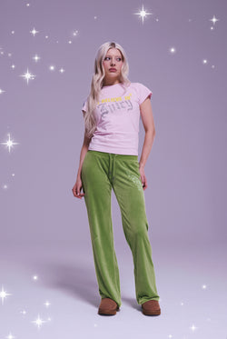 Displays a model wearing the Disney Cherry Blossom 'Juicy' branded believes in juicy tee 