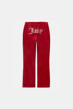 Displays the Red Dahlia 'Juicy' branded velour diamanté tracksuit bottom