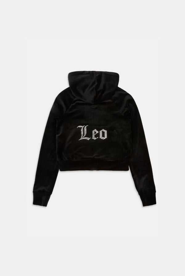 Displays the Black 'Juicy' branded 'LEO' Diamanté velour zip through hoodie 