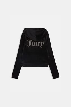 A black diamanté velour zip-through hoodie with a hood, front pockets, and crystal diamanté logo branding on the back. The hoodie features a silver gothic J zip pull.