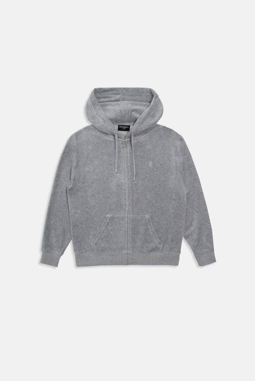 Displays the Silver Marl 'Juicy' branded Cotton velour oversized hoodie