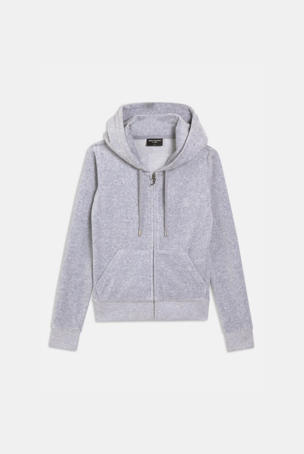 A silver marl classic velour hooded hoodie with a slim fit, featuring a kangaroo pockets and a self-fabric lined hood, zip through the front, and a gothic J zip pull.