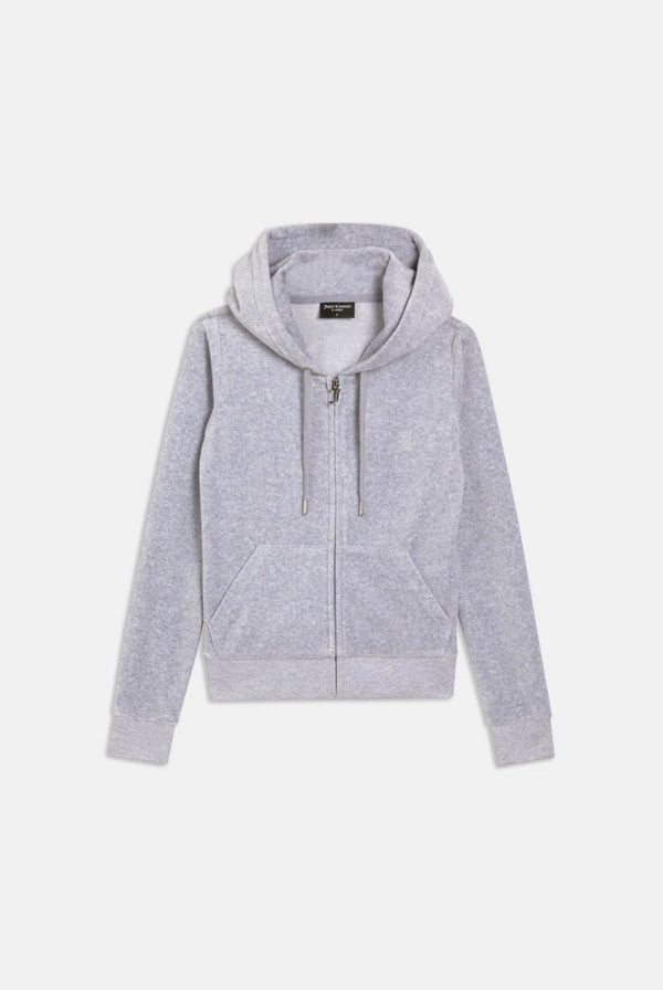 A silver marl classic velour hooded hoodie with a slim fit, featuring a kangaroo pockets and a self-fabric lined hood, zip through the front, and a gothic J zip pull.