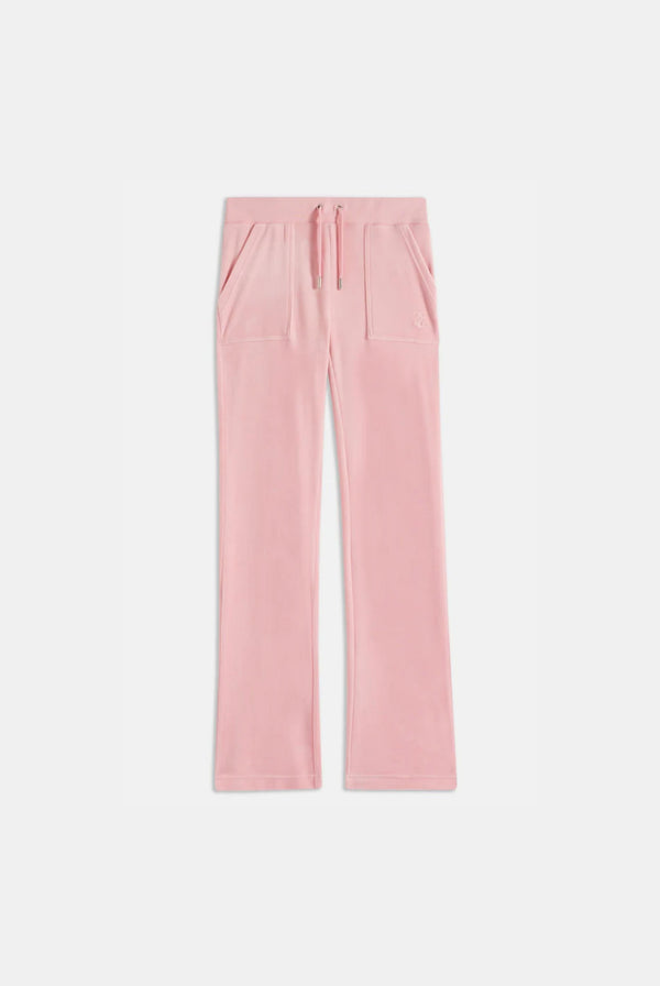 Displays the Juicy Pink Classic 'Juicy' branded velour del ray pocketed bottoms