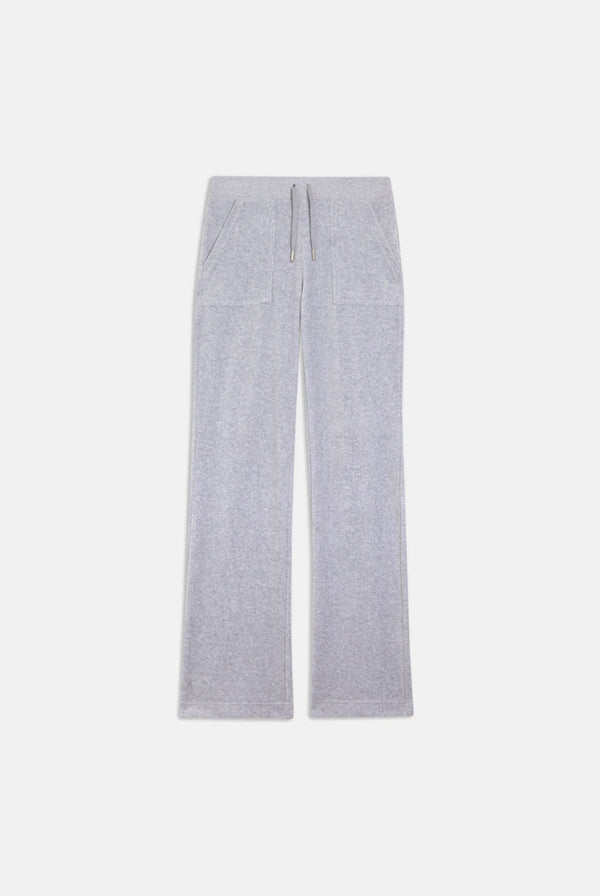 Mid-rise plain tracksuit bottoms in silver marl cotton velour with adjustable drawstring ribbed waist and front feature patch pockets.