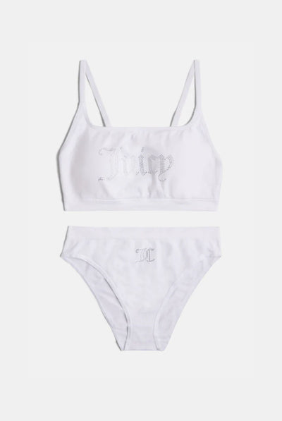 WHITE DIAMANTÉ HIGH LEG BRIEF AND BRALETTE SET
