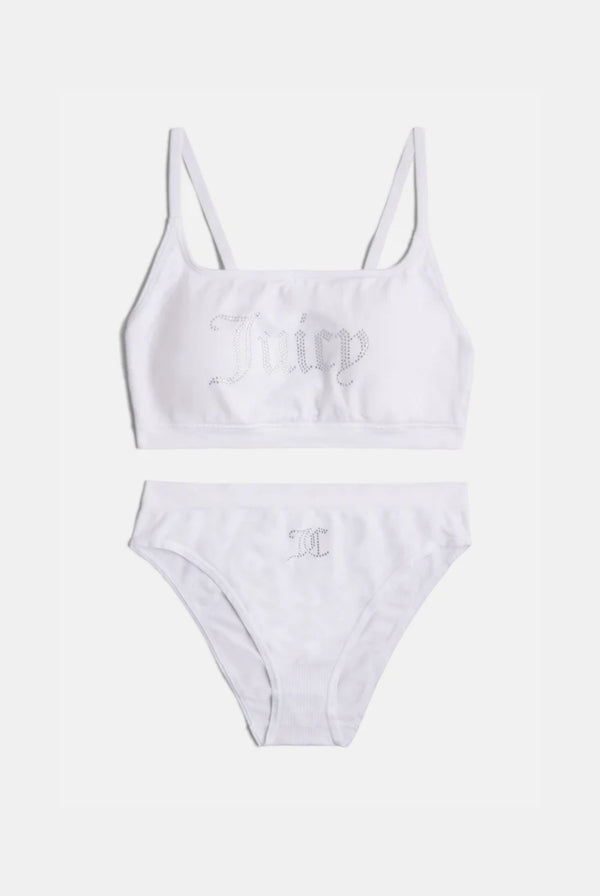 WHITE DIAMANTÉ HIGH LEG BRIEF AND BRALETTE SET