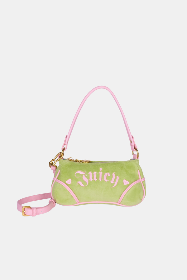 Displays the Pistachio Green and Pink 'Juicy' branded velour mini handbag 