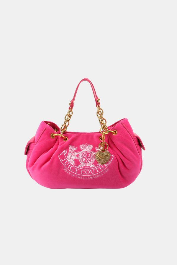 Displays the Pink Yarrow 'Juicy' Chain Handle DayDreamer Crest Velour Bag