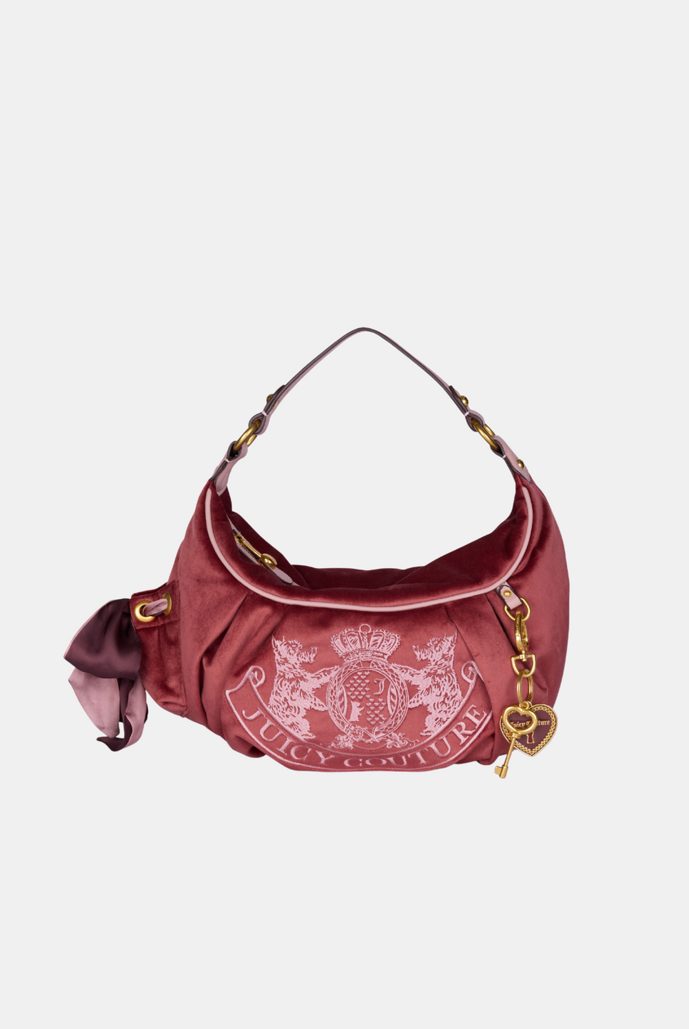 Displays the Dark Red 'Crest' velour hobo bag 