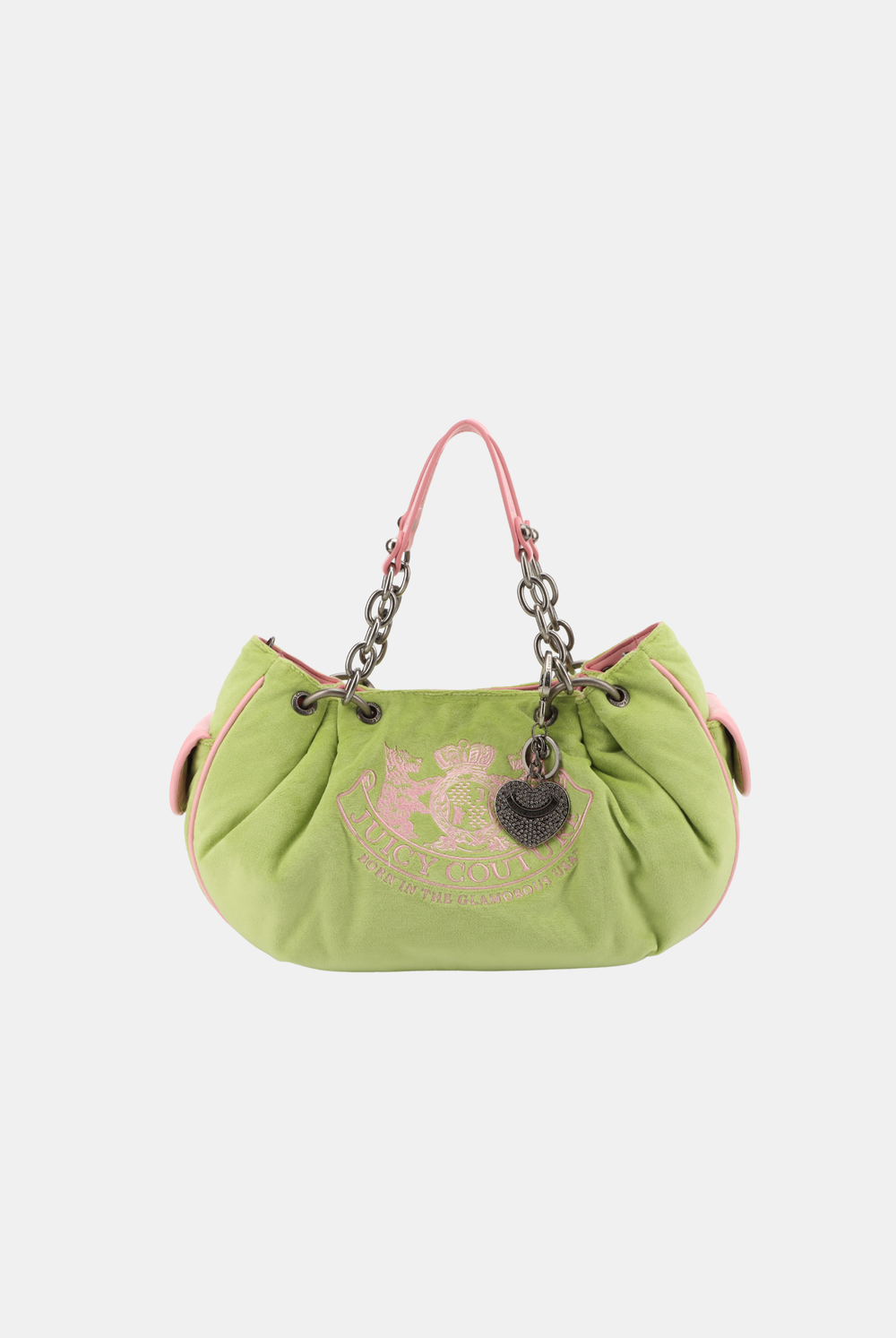 PISTACHIO GREEN CHAIN HANDLE DAYDREAMER CREST VELOUR BAG
