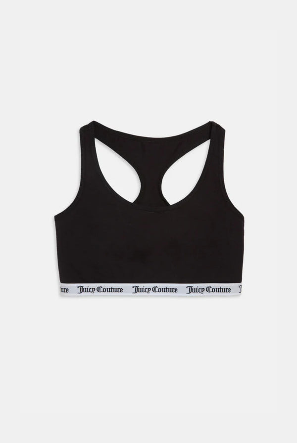 Displays the Black 'juicy' branded cotton bralette