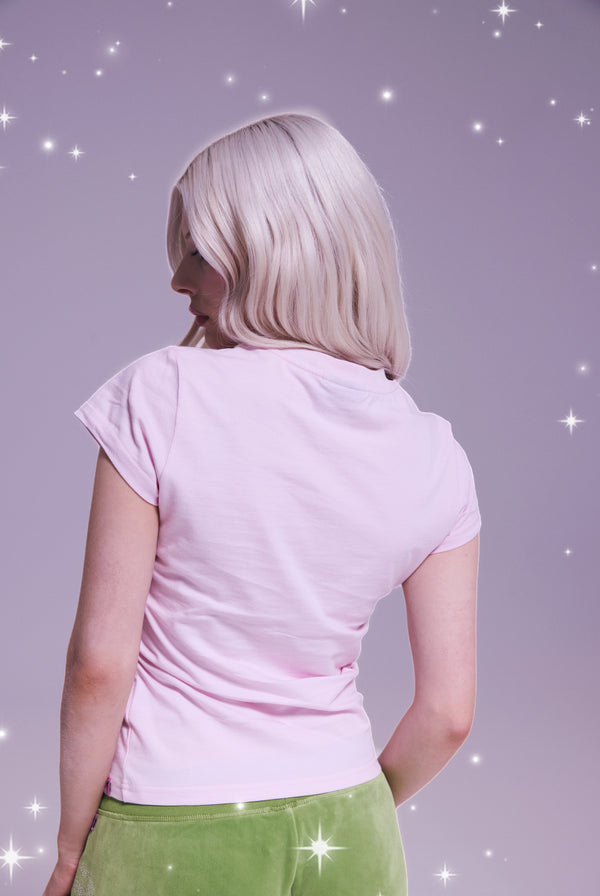 Displays a model wearing the Disney Cherry Blossom 'Juicy' branded believes in juicy tee 
