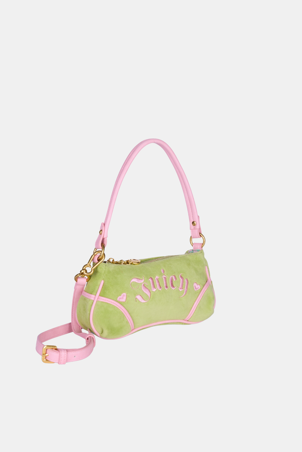 Displays the Pistachio Green and Pink 'Juicy' branded velour mini handbag 