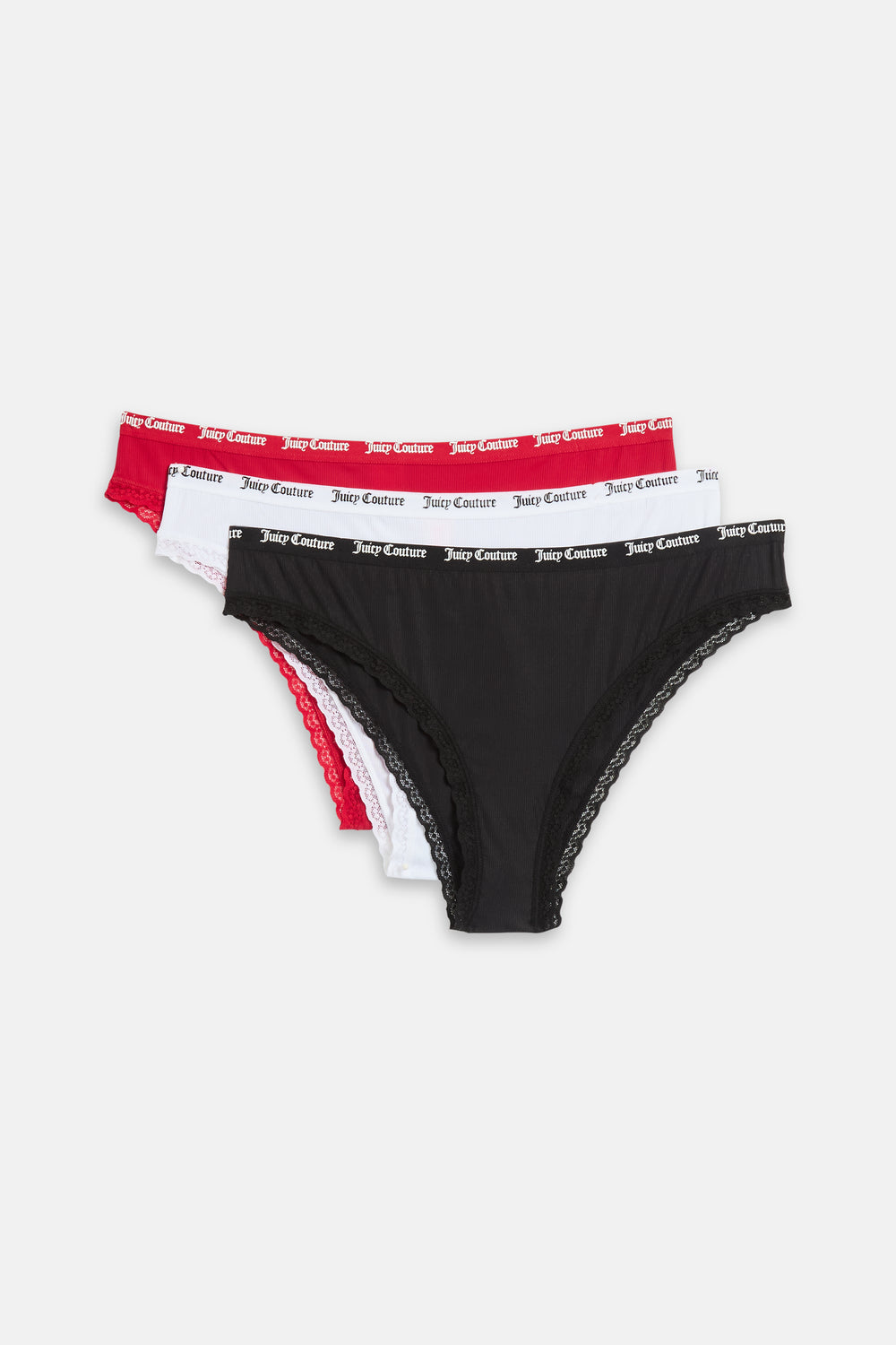 Displays all 3 of the red, white & black 'juicy' branded Ribbed Microfibre Lace Trim Briefs included in the 3 pack 