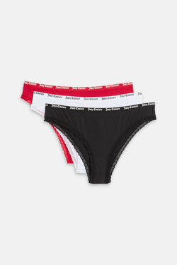 Displays all 3 of the red, white & black 'juicy' branded Ribbed Microfibre Lace Trim Briefs included in the 3 pack 