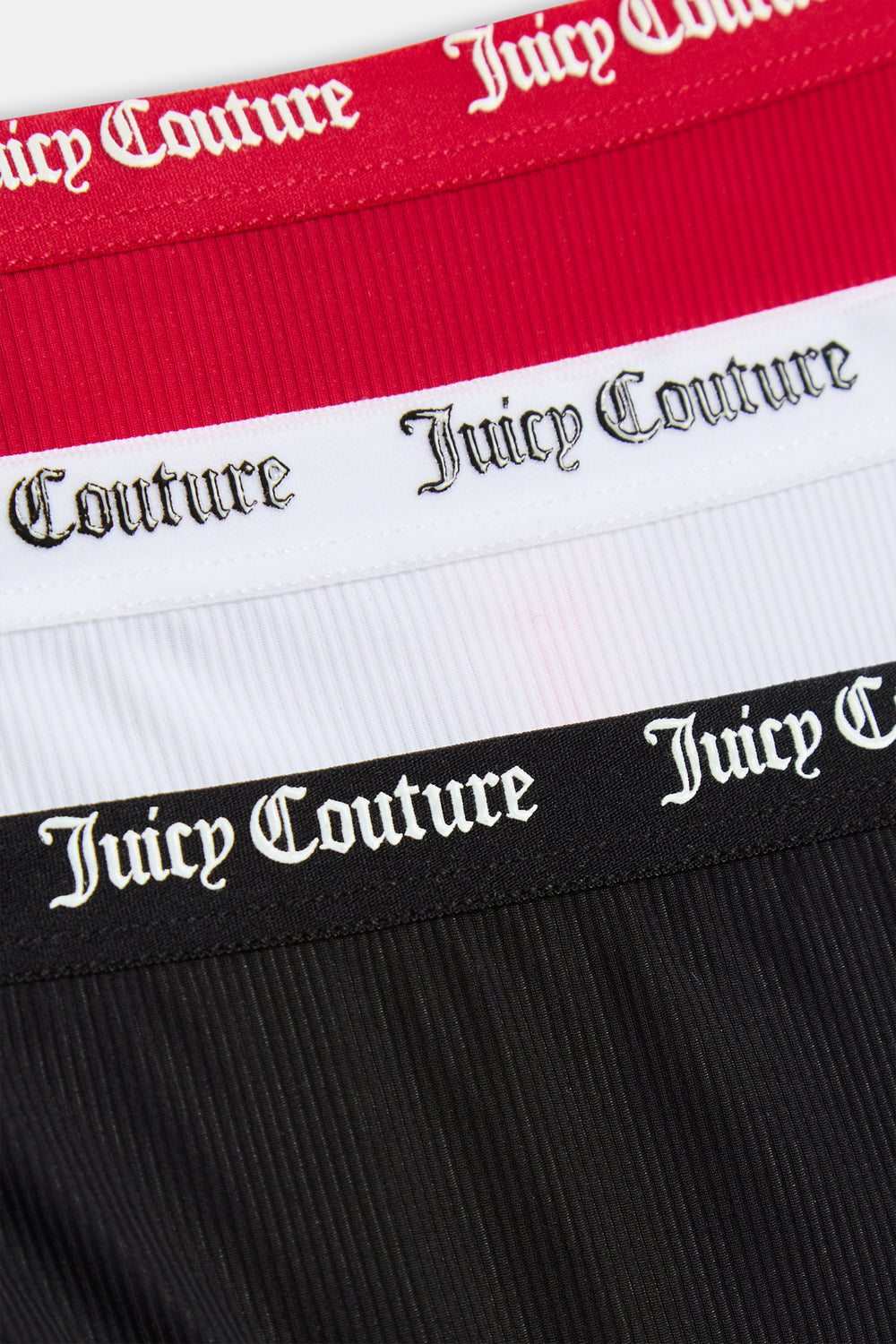Displays all 3 of the red, white & black 'juicy' branded Ribbed Microfibre Lace Trim Briefs included in the 3 pack featuring the juicy Couture branding