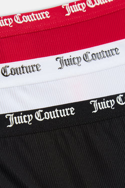 Displays all 3 of the red, white & black 'juicy' branded Ribbed Microfibre Lace Trim Briefs included in the 3 pack featuring the juicy Couture branding