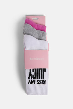 Displays the Multi 3 Pack 'Juicy' branded slogan socks