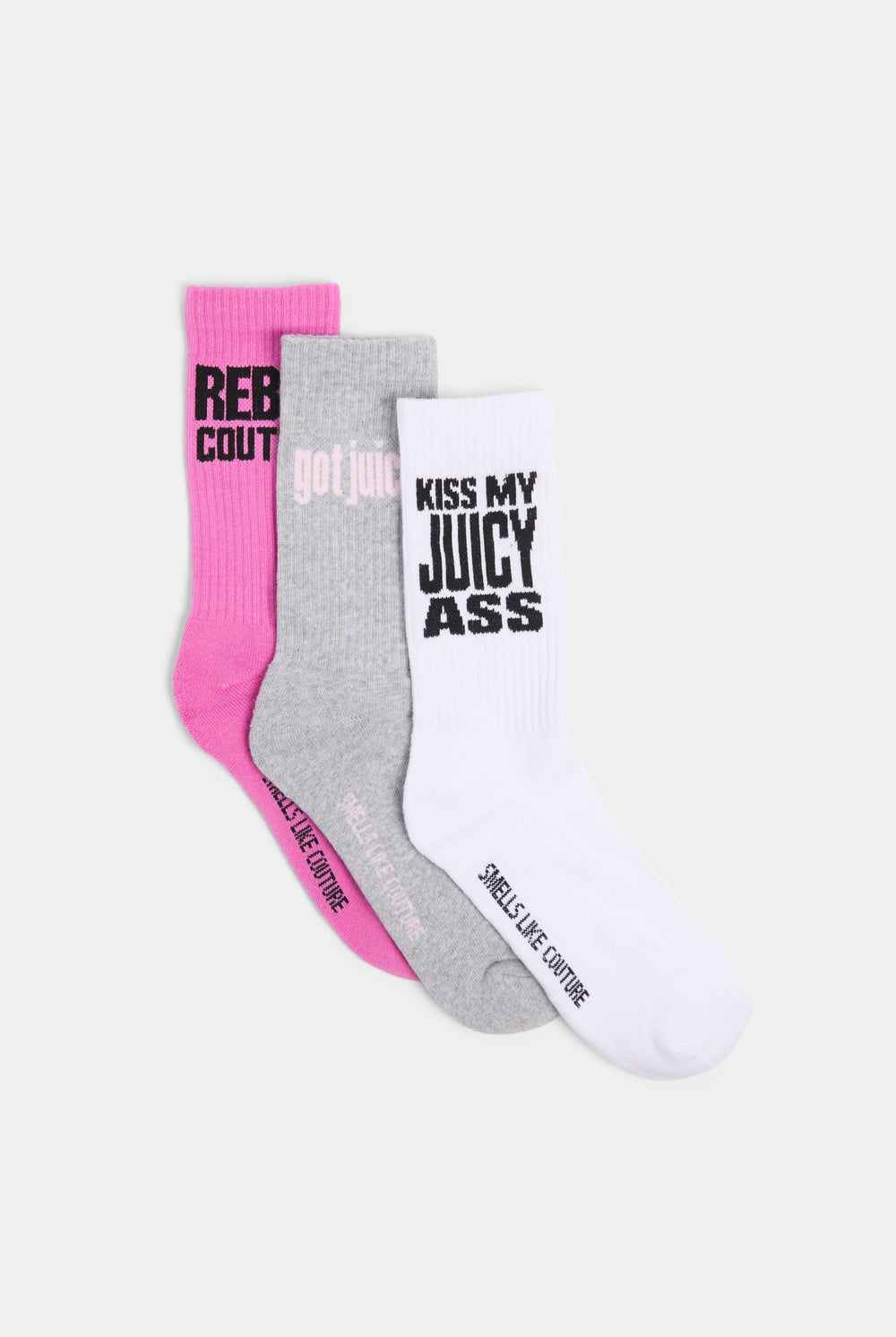 Displays the Multi 3 Pack 'Juicy' branded slogan socks