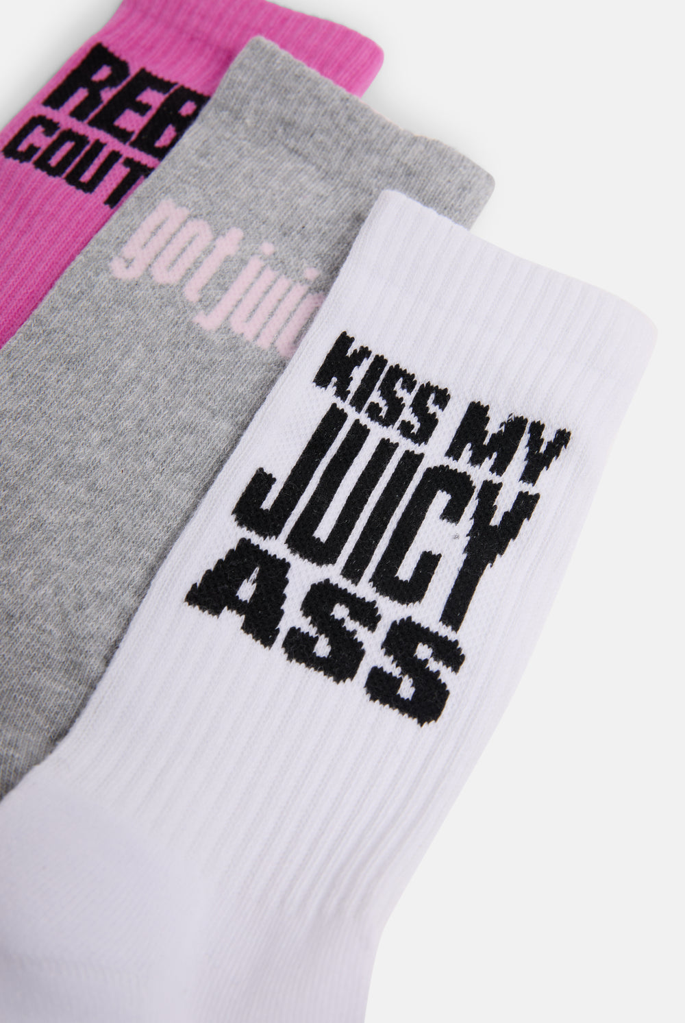 Displays the Multi 3 Pack 'Juicy' branded slogan socks
