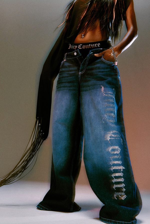 MID WASH DIAMANTÉ WIDE LEG JEANS