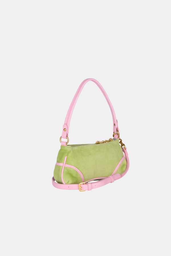 Displays the Pistachio Green and Pink 'Juicy' branded velour mini handbag 