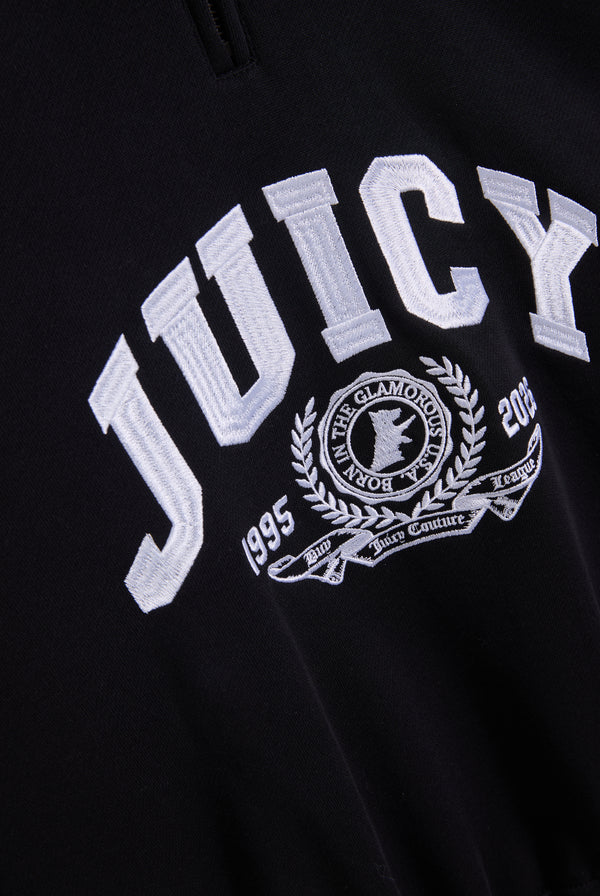 Displays the Black 'Juicy' branded college crest track top featuring the Juicy branding 