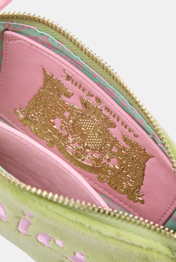 Displays the Pistachio Green and Pink 'Juicy' branded velour mini handbag featuring the juicy branding and logo