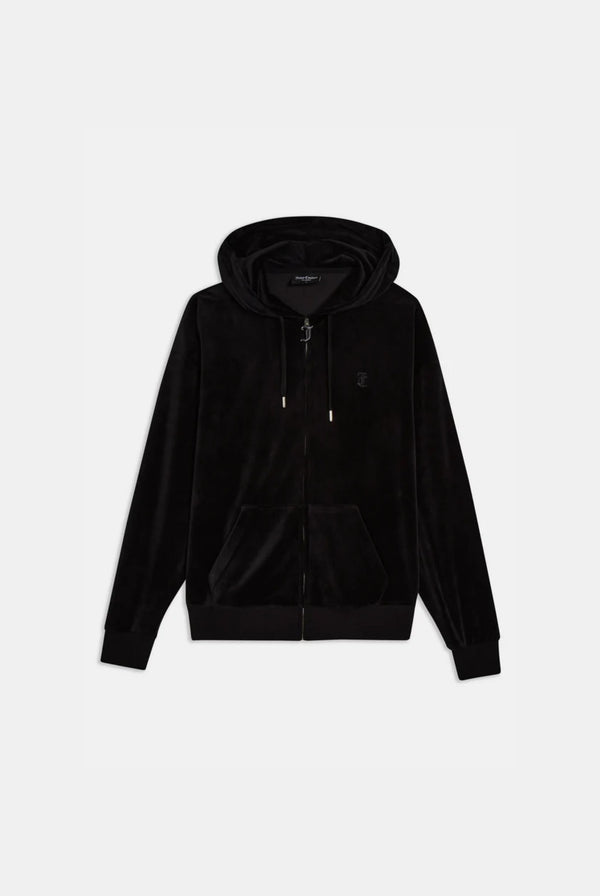 Displays the black classic 'Juicy' branded velour oversized hoodie