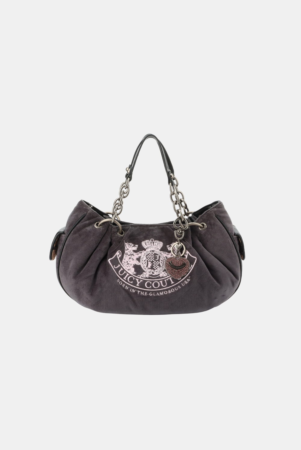 Displays the grey chain handle 'Juicy' branded daydreamer crest velour bag