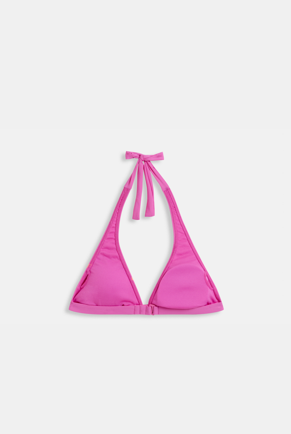Displays the azalea pink Roxy and juicy Couture halter bikini top 