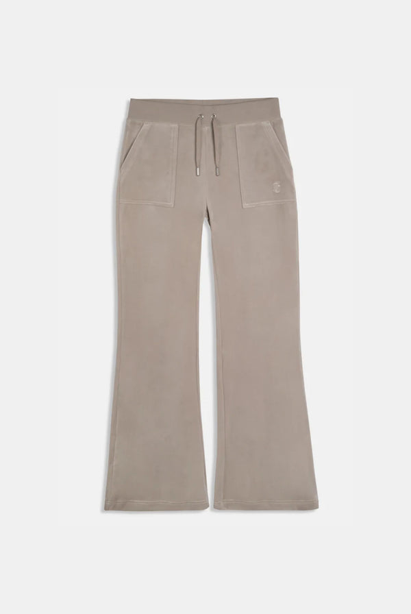 Displays the String 'Juicy' branded low rise flare pocket classic velour track pant 