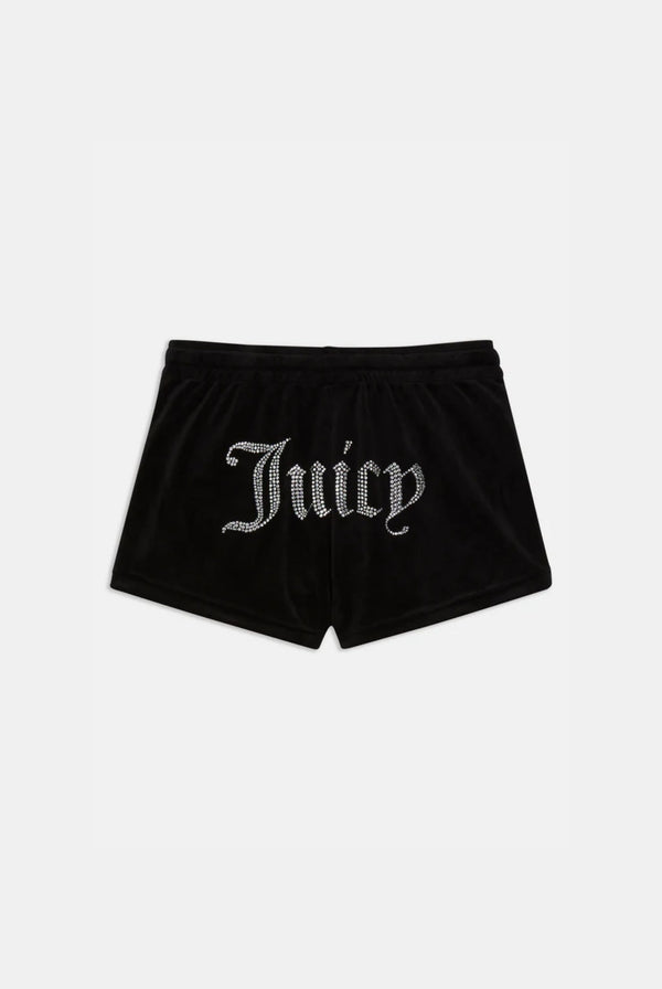 Displays the Black 'Juicy' branded velour diamanté track shorts 
