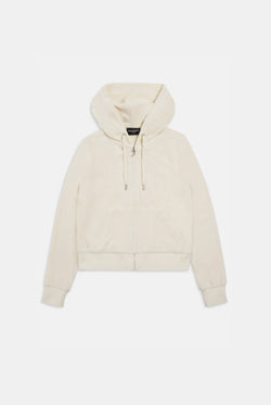Displays the cream classic 'Juicy' branded velour Robertson hoodie 