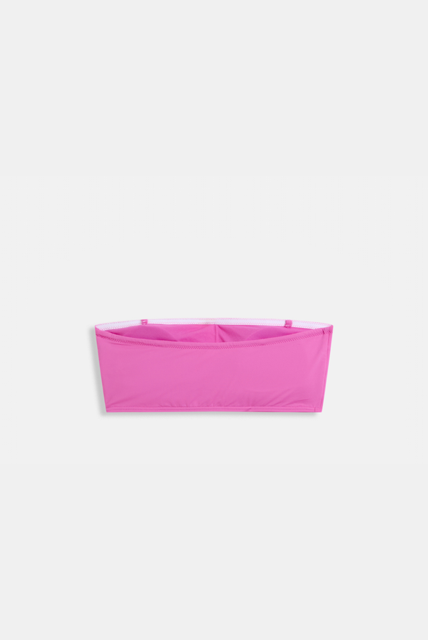 Displays the Azalea Pink Roxy and Juicy Couture bandeau bikini top 