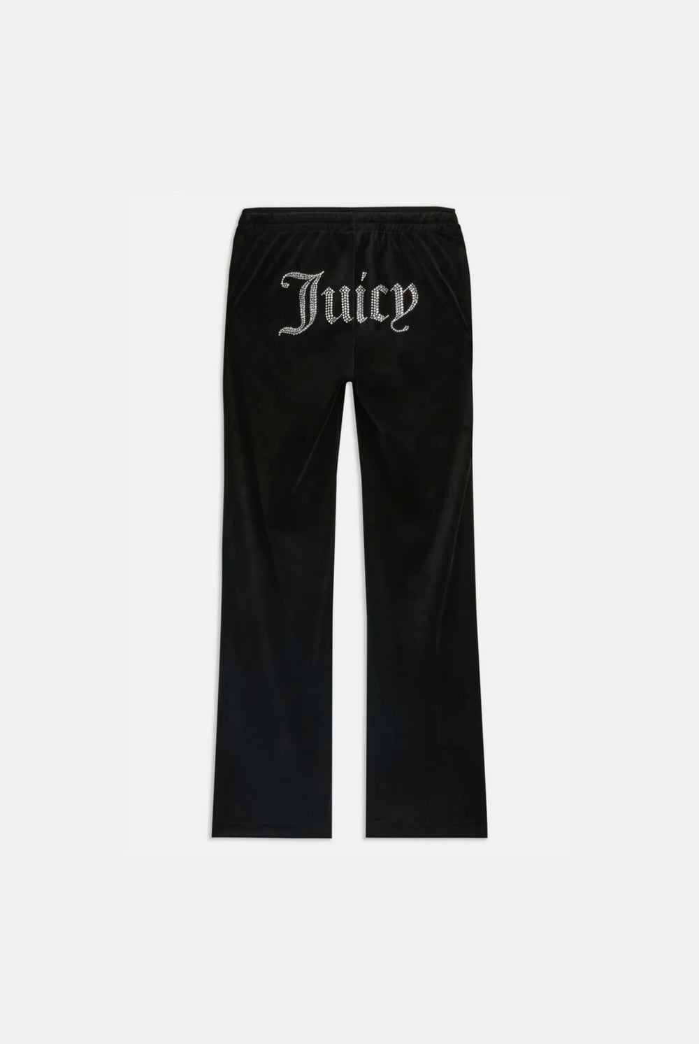 Black velour straight-leg tracksuit bottoms with diamante embellishments, mid-rise fit, and adjustable drawstring waist.