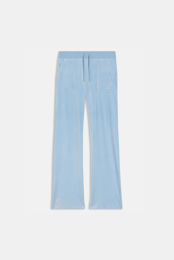 Displays the Powder blue classic 'Juicy' branded velour del ray pocketed bottoms 