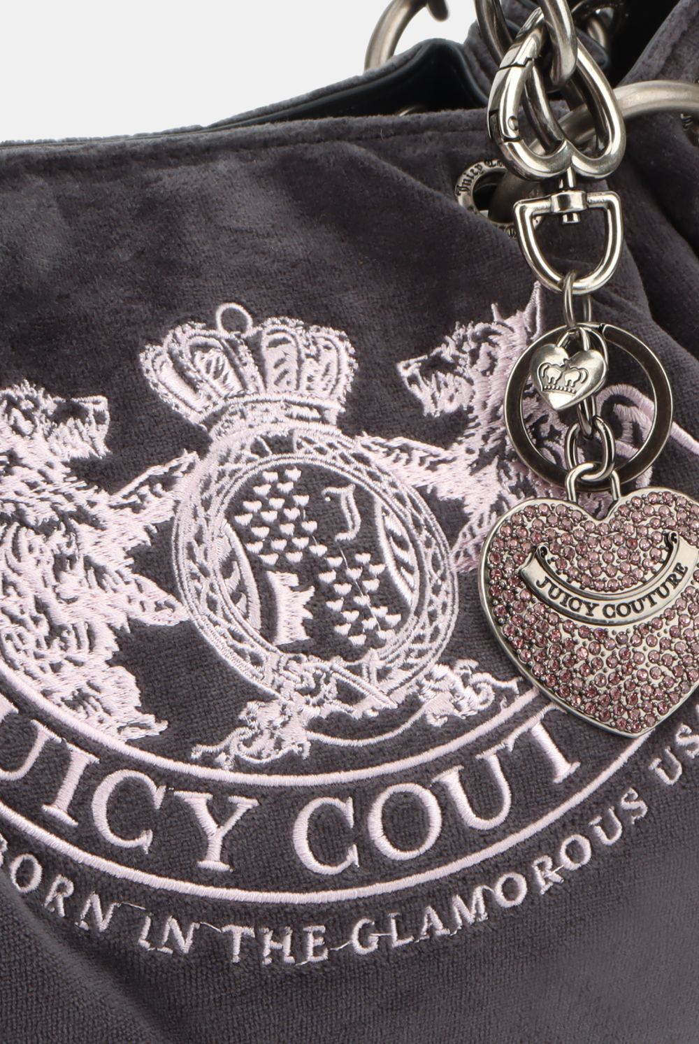 Displays the grey chain handle 'Juicy' branded daydreamer crest velour bag
