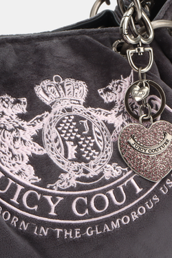 Displays the grey chain handle 'Juicy' branded daydreamer crest velour bag