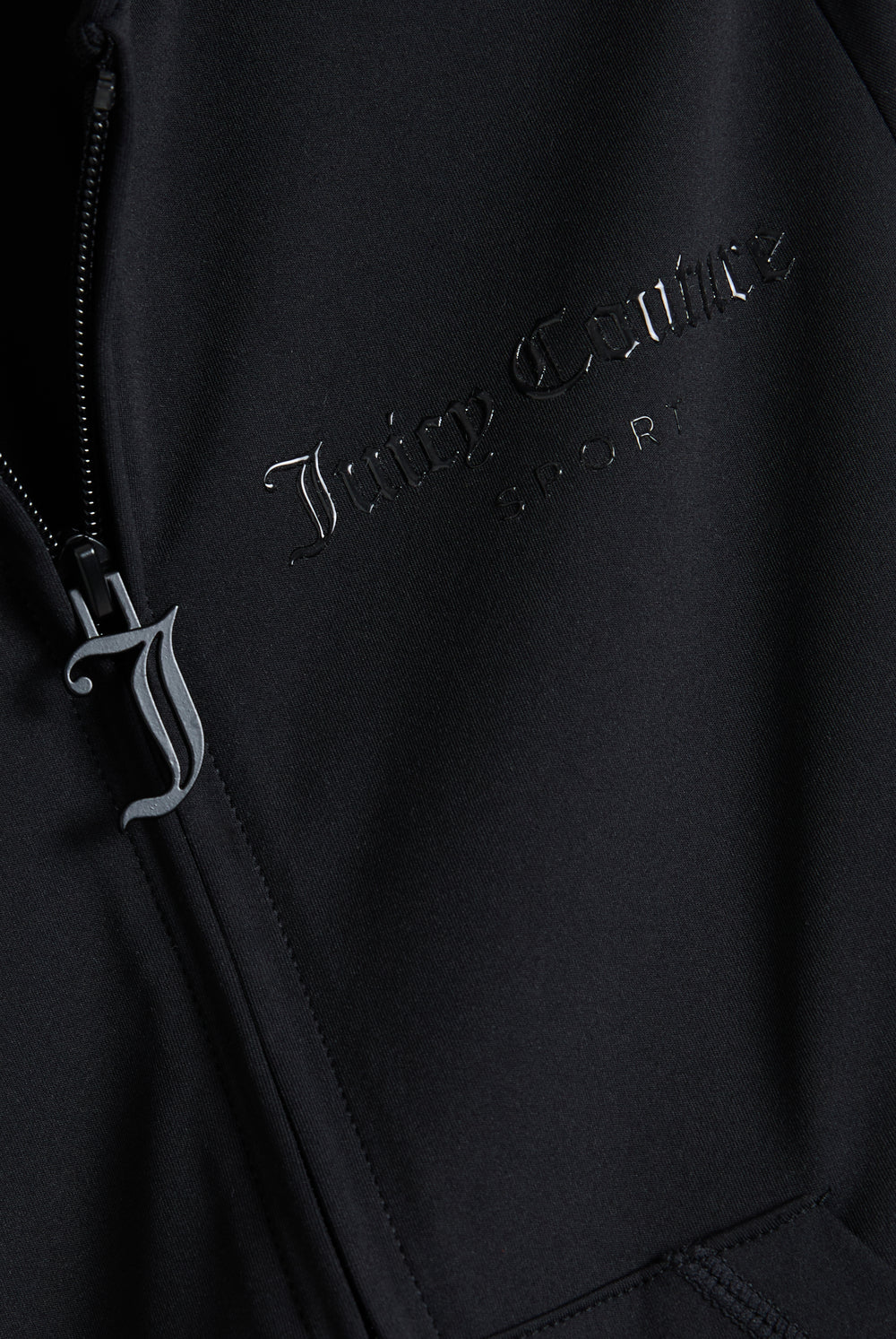 Displays the black peached 'Juicy' branded active fitted hoodie featuring the juicy Couture branding and the zip 