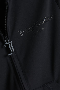 Displays the black peached 'Juicy' branded active fitted hoodie featuring the juicy Couture branding and the zip 
