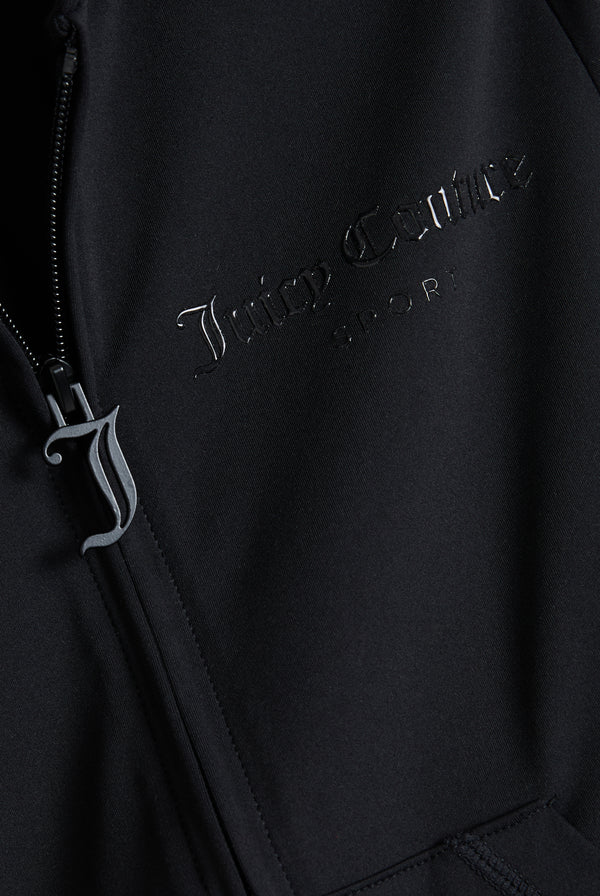 Displays the black peached 'Juicy' branded active fitted hoodie featuring the juicy Couture branding and the zip 