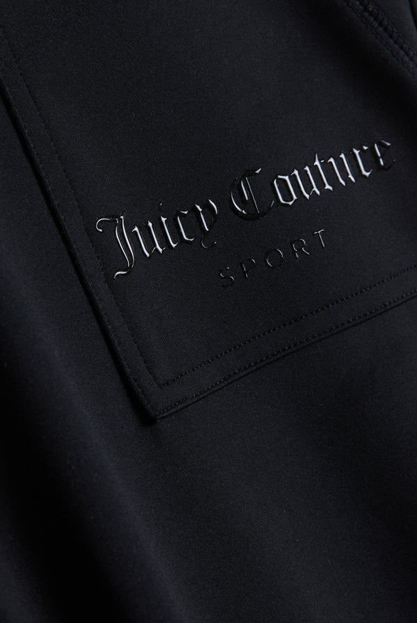 Displays the black 'juicy' branded peached active low rise pants featuring the juicy Couture branding