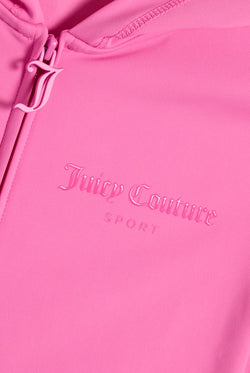 Displays the Wild Orchid 'Juicy' branded Active Fitted Hoodie featuring the juicy couture sport branding 