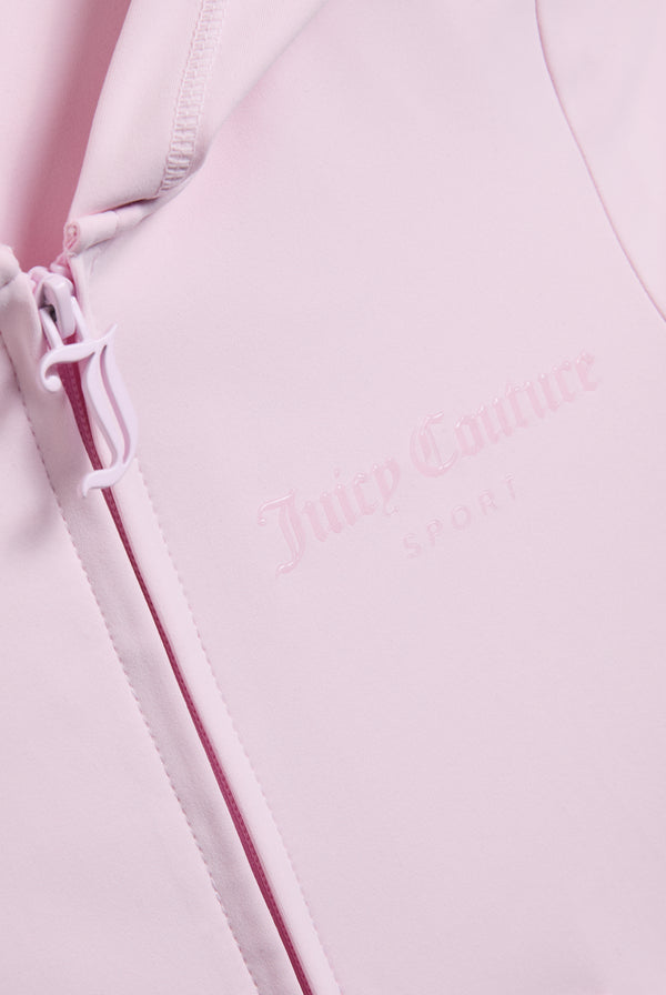 Displays the Cherry Blossom peached 'Juicy' branded active fitted hoodie featuring the juicy couture branding 