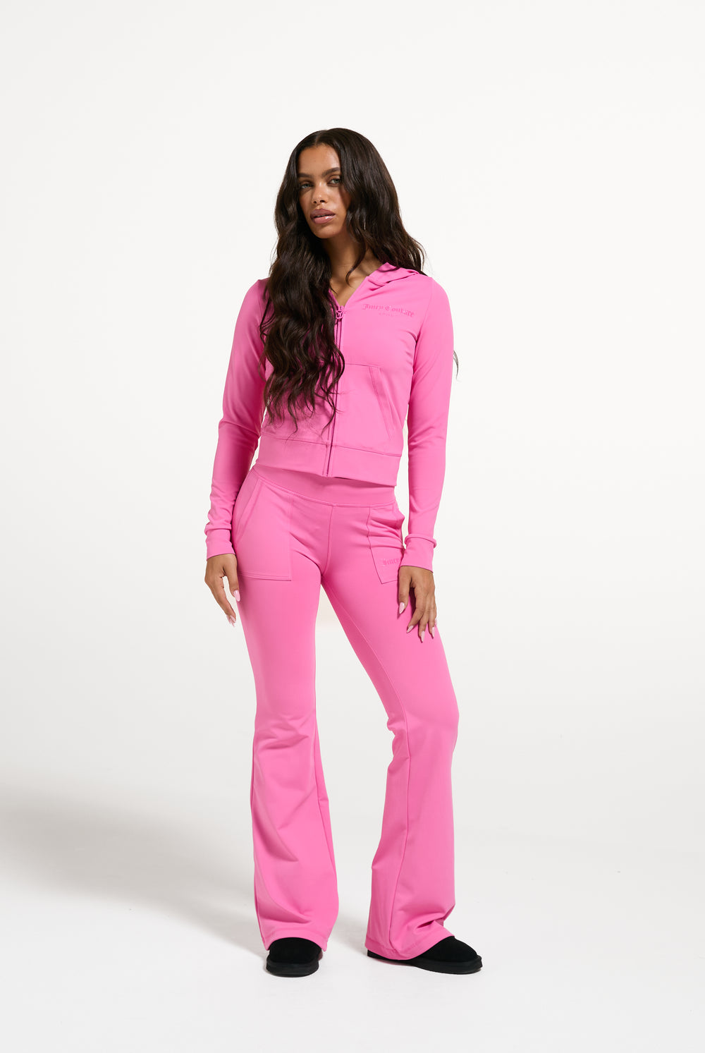 Displays a model wearing the Wild Orchid 'Juicy' branded Active Fitted Hoodie
