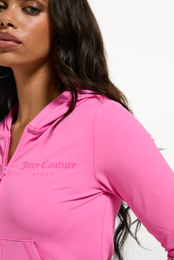 Displays a model wearing the Wild Orchid 'Juicy' branded Active Fitted Hoodie